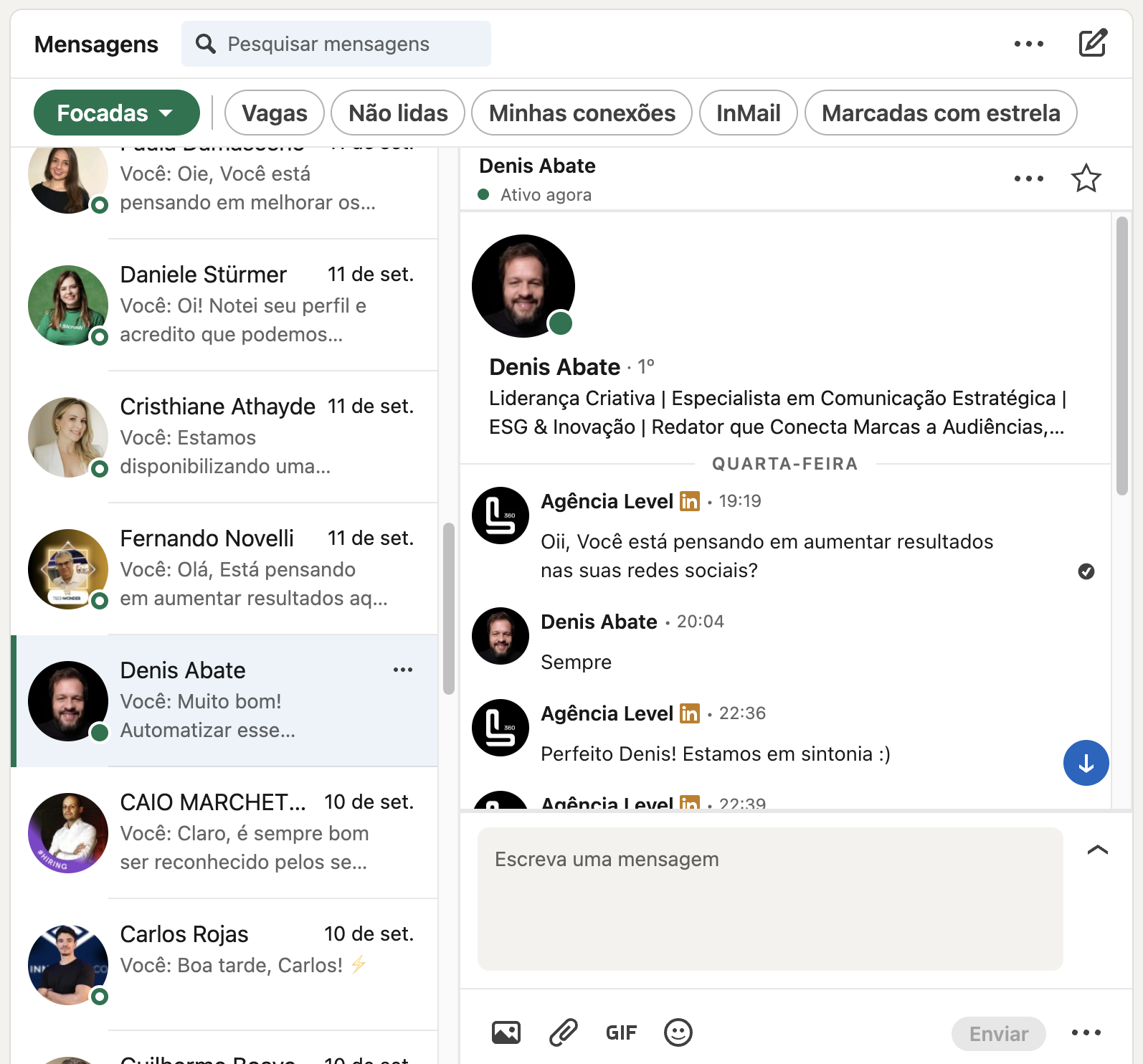 Caixa de mensagens do LinkedIn com várias conversas iniciadas com leads entre 10 e 11 de setembro